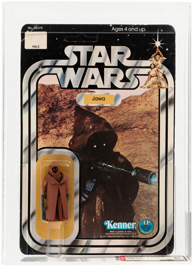 This rare variation of a 2-1/4" Jawa 12 Back-A action figure with vinyl cape (later capes were made of cloth), sold for $40,887, a world-record price for any Jawa figure. From the 1978 Star Wars toy line, this is AFA 80 NM and with an unpunched card.