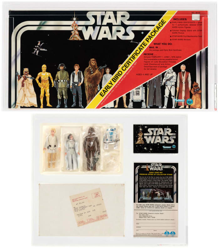 Top: 1977 Kenner Early Bird Certificate Package, AFA-graded 85 NM+, sold for $14,278. The sealed kit includes cardboard stand, stickers and coupon to be redeemed by mail for first set of action figures, including Luke Skywalker, Princess Leia, Chewbacca and R2-D2. Bottom: 1977 Kenner Star Wars Early Bird Mailer Kit, AFA-graded 80 NM, sold for $15,576. Comes with four figures (including Luke Skywalker with double-telescoping saber), mini catalog, action stand offer paper, and original mailing box.