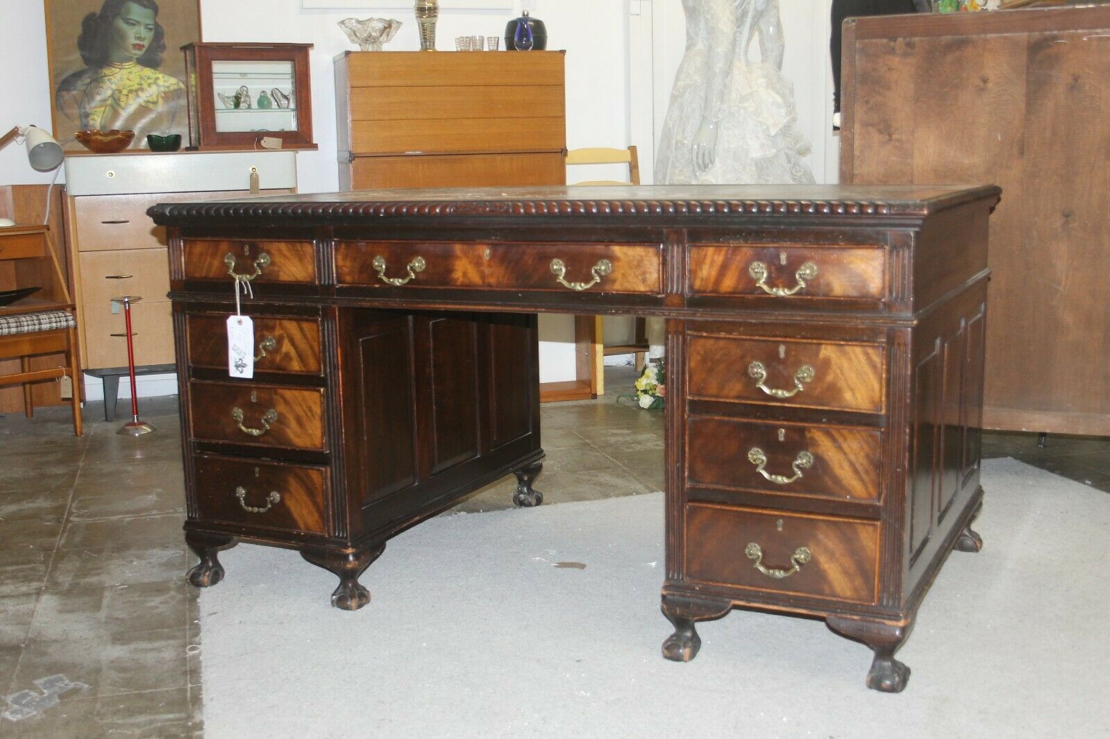 Vintage Georgian Panelled Mahogany Twin Pedestal Partner Desk Claw