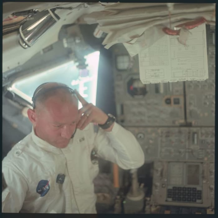 Buzz Aldrin wearing his inflight jacket on the 1969 mission.