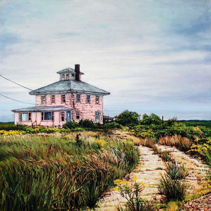 "The Pink House" (Spite House, Plum Island, Newburyport, Massachusetts), 24 x 24", oil painting by Andrew Houle. 