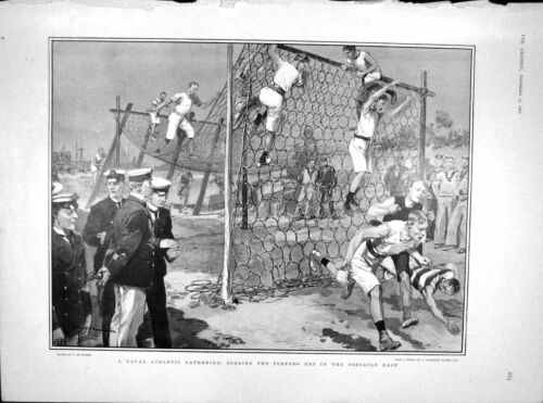 Old Antique Print 1902 Navy Athletics Scaling Torpedo Net Obstacle Race 20th