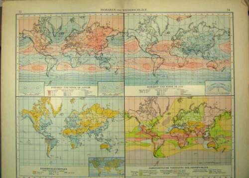 Original Old Antique Print 1910 German Map World Rainfall Temperature 20th