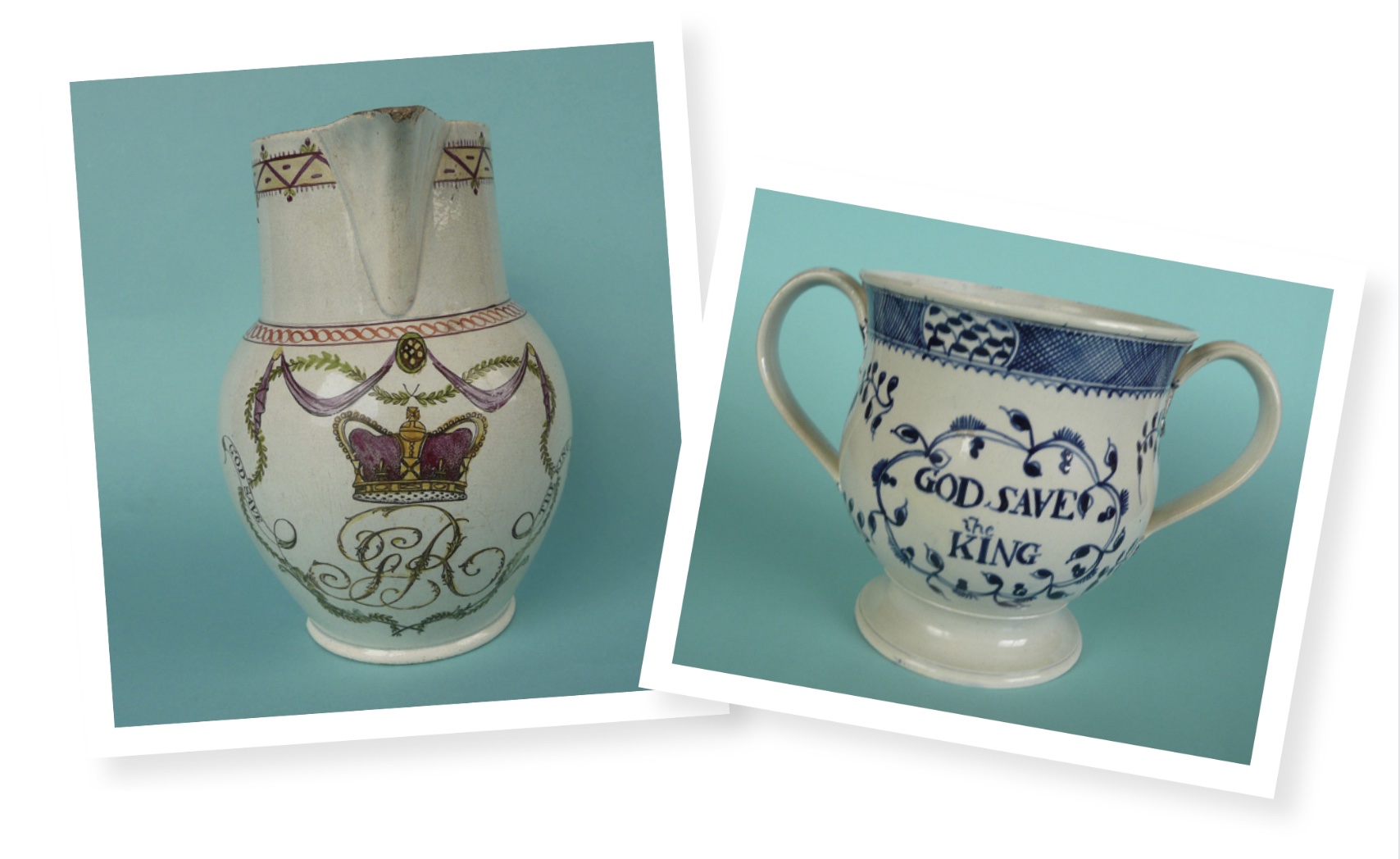 A pearlware jug sold for £220 in 2017 at the Berkshire auctioneers Historical and Collectable, and a pearlware loving cup, c. 1789