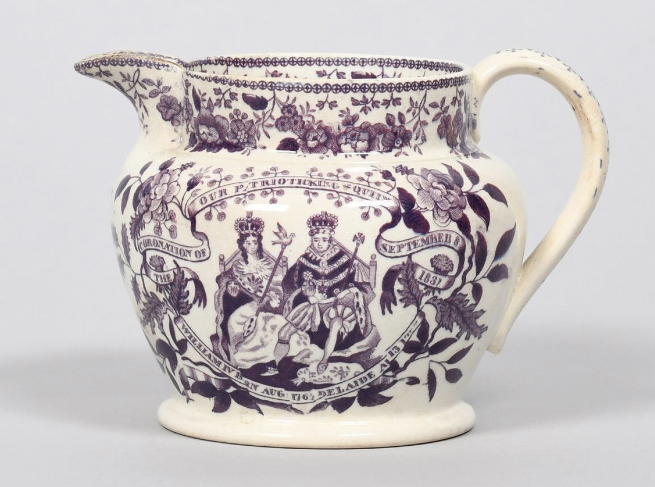 A jug marking the coronation of William IV and Princess Adelaide in 1831