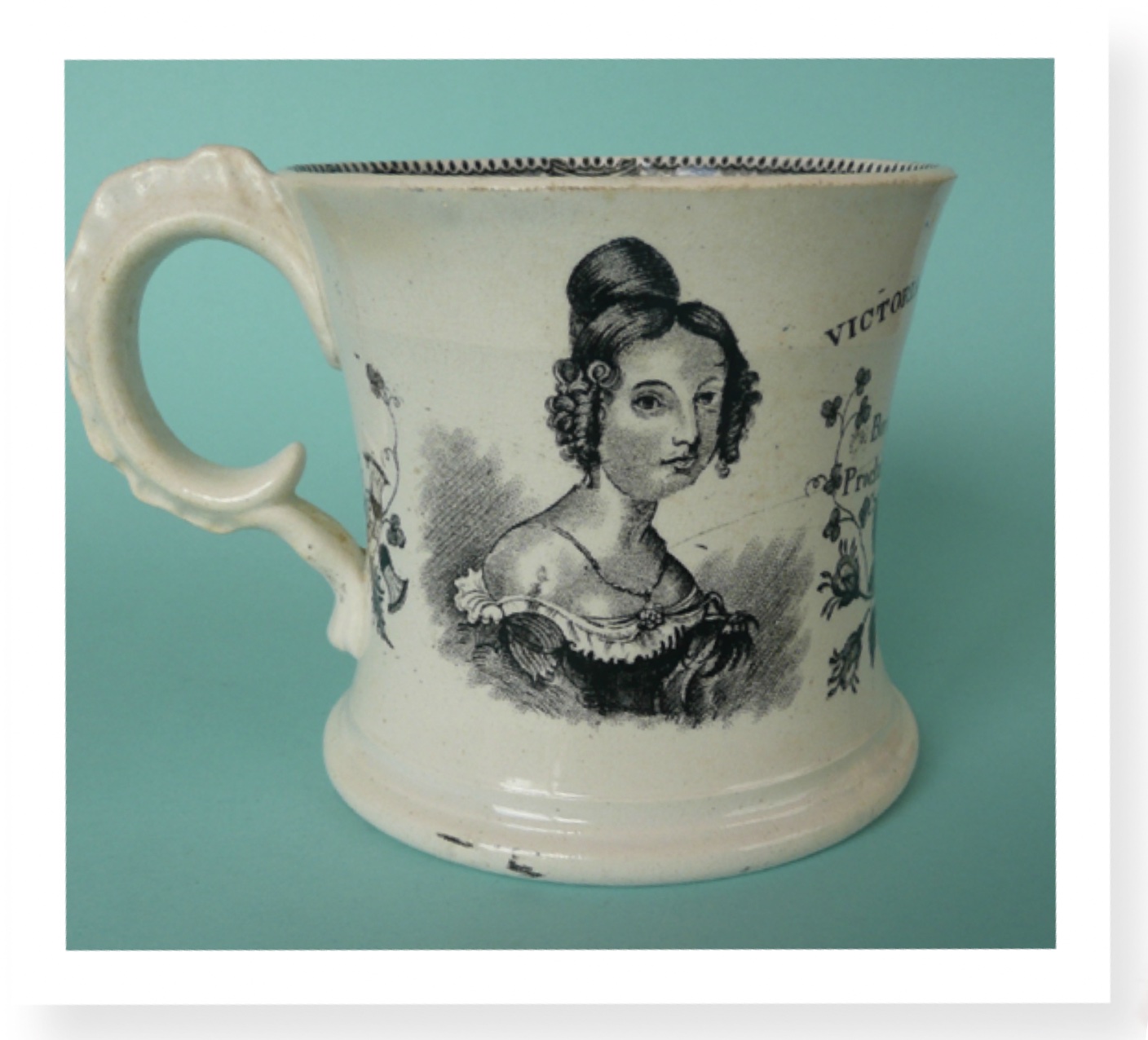 Swansea purple transfer mug marking the coronation of Queen Victoria in 1838