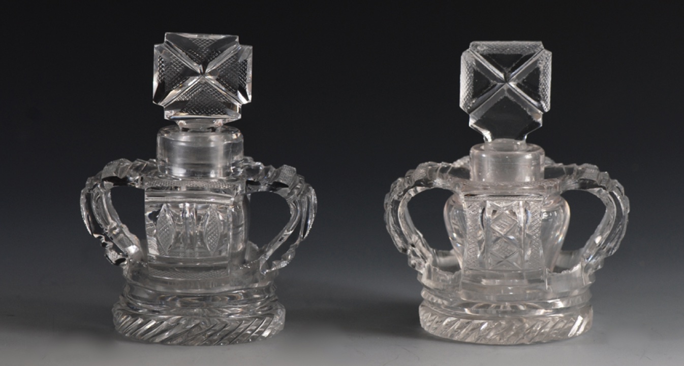 A pair of double-walled crown scent bottles marking the coronation of George IV