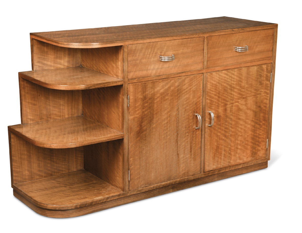 Betty Joel, a Token Works walnut side cabinet from 1935, with two drawers above a pair of cupboard doors with adjustable shelves