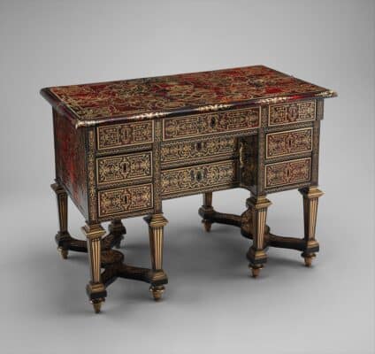 Extravagant small desk with folding top, also known as a bureau brisé. Marquetry by Alexandre-Jean Oppenordt (Dutch, 1639–1715, active France)