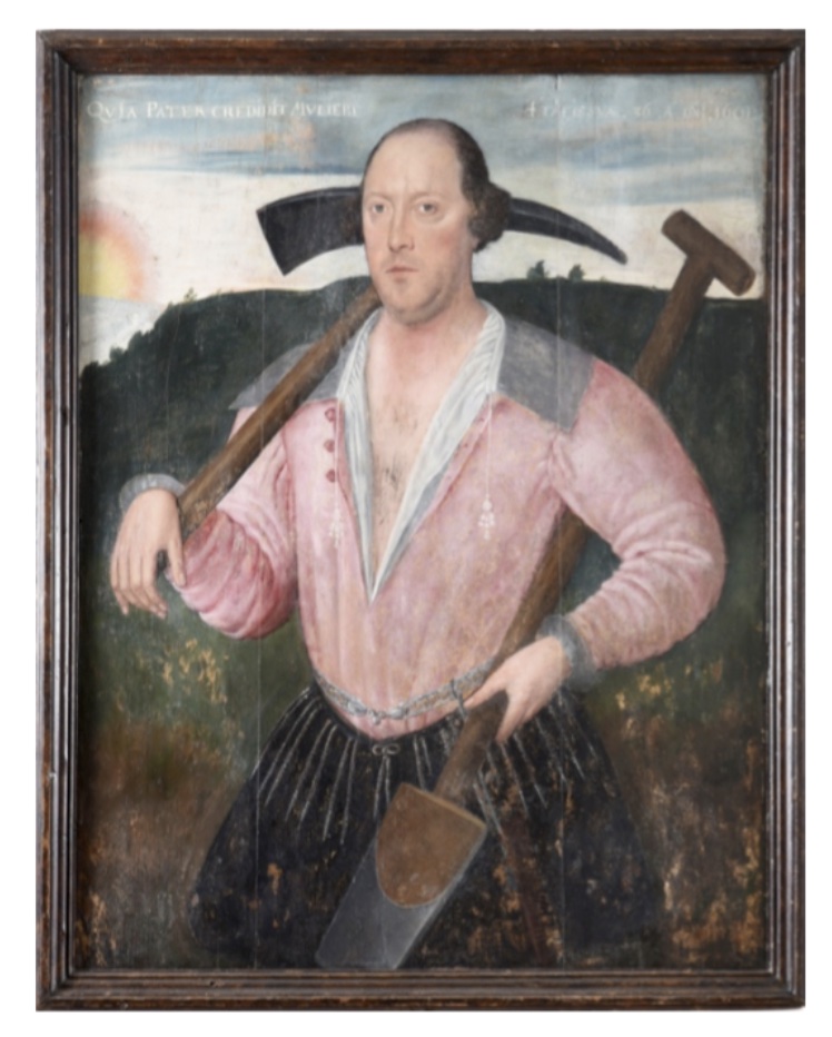English School painting entitled 'Portrait of a Man with a Pickaxe and Space in a Landscape'