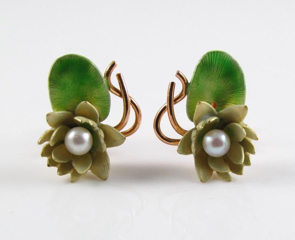 art nouveau lily pad and flower earrings pearl Krementz