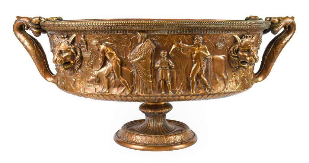 Late 19th/early 20th century patinated bronze ‘Neo-Grec’ jardiniere cast with classical figures and sacrificial animals after Ferdinand Levillain