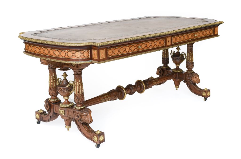 Victorian burr walnut, marquetry-inlaid and gilt metal-mounted library table attributed to Holland and Sons