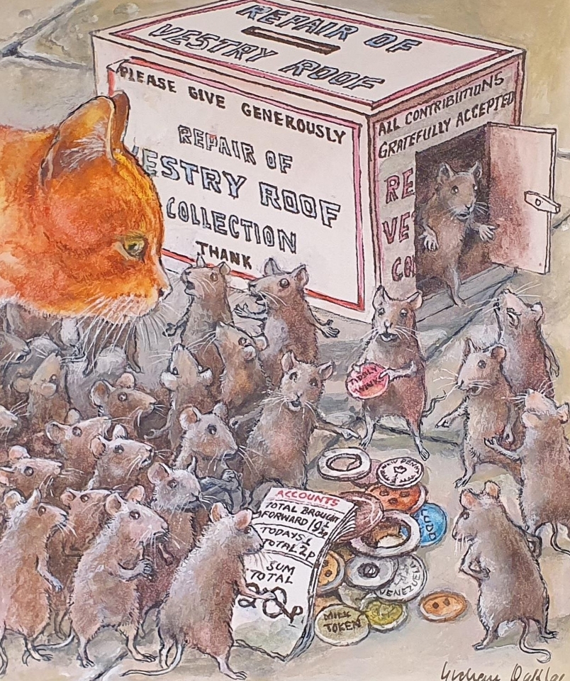 Illustration of mice and a cat by the artist Graham Oakley