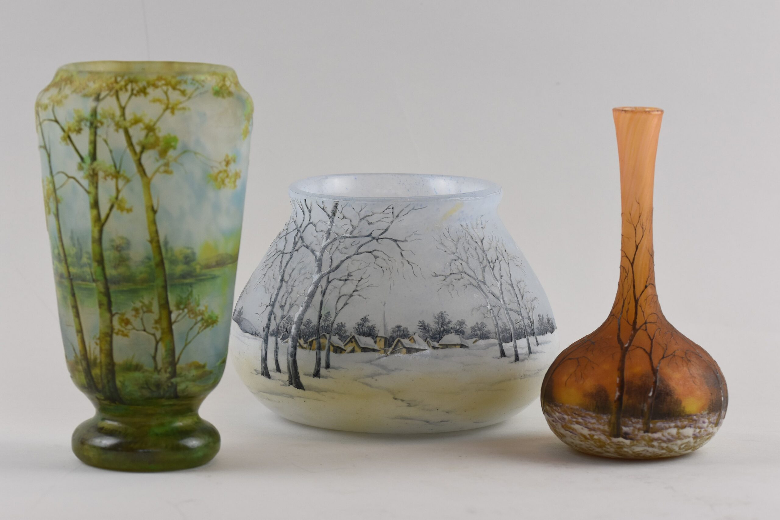 A trio of Daum landscape vases c1900-1910 exhibited by Solo Antiques