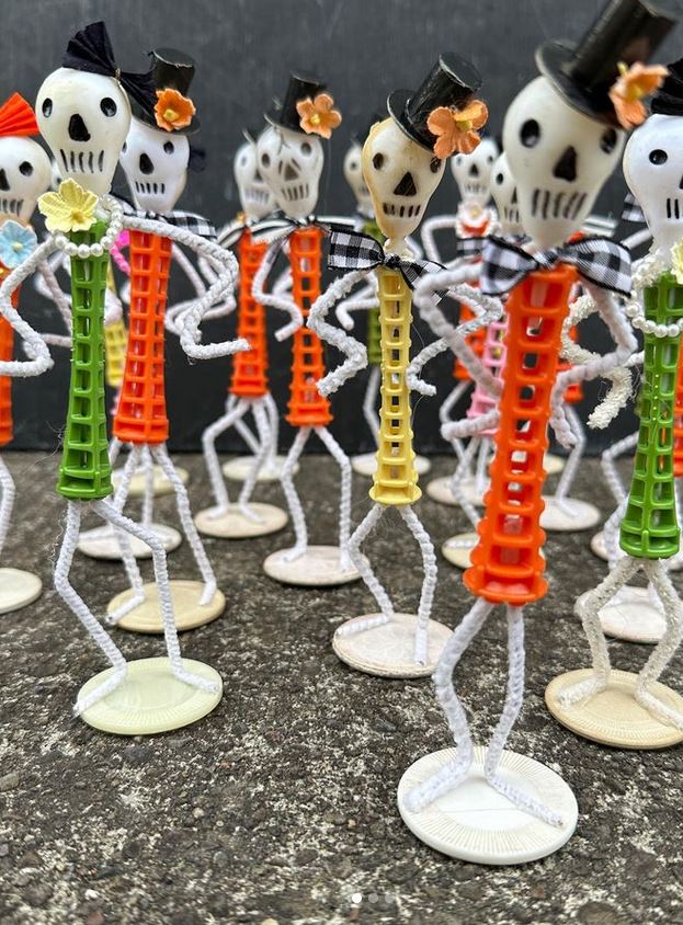 Halloween skeletons made of vintage curlers