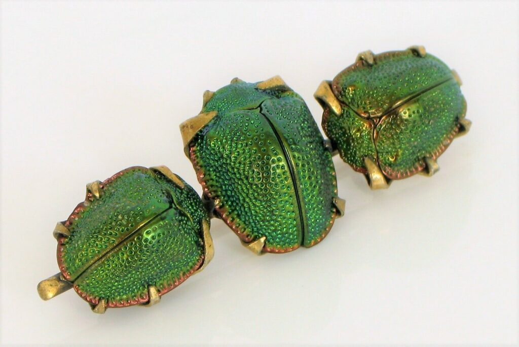 Victorian insect jewelry pin with three genuine scarabs