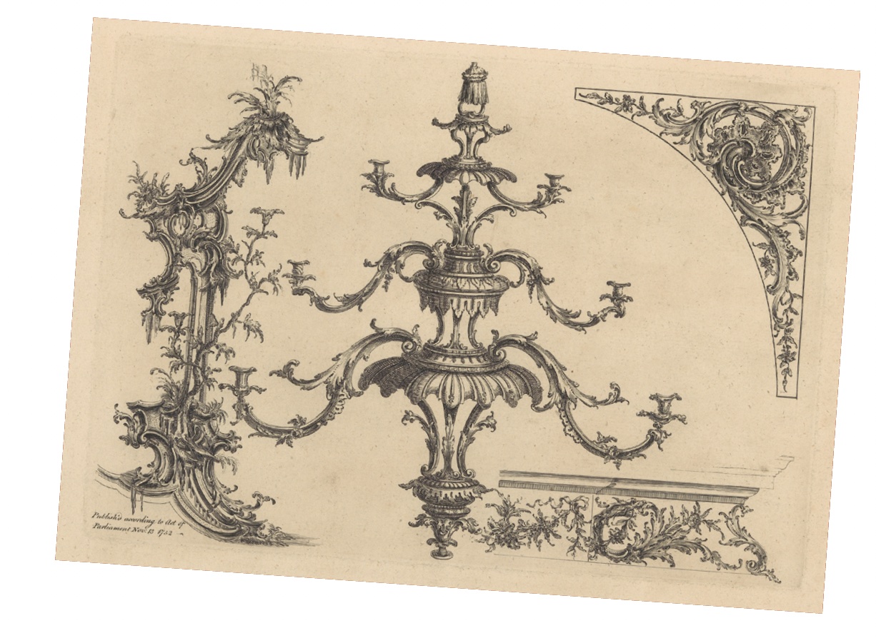 Matthias Lock and Henry Copland A New Book of Ornaments with Twelve Leaves Consisting of Chimneys, Sconces, Tables, Spandle Panels, Spring Clock Cases, Stands, a Chandelier and Girandole, etc., November 13, 1752