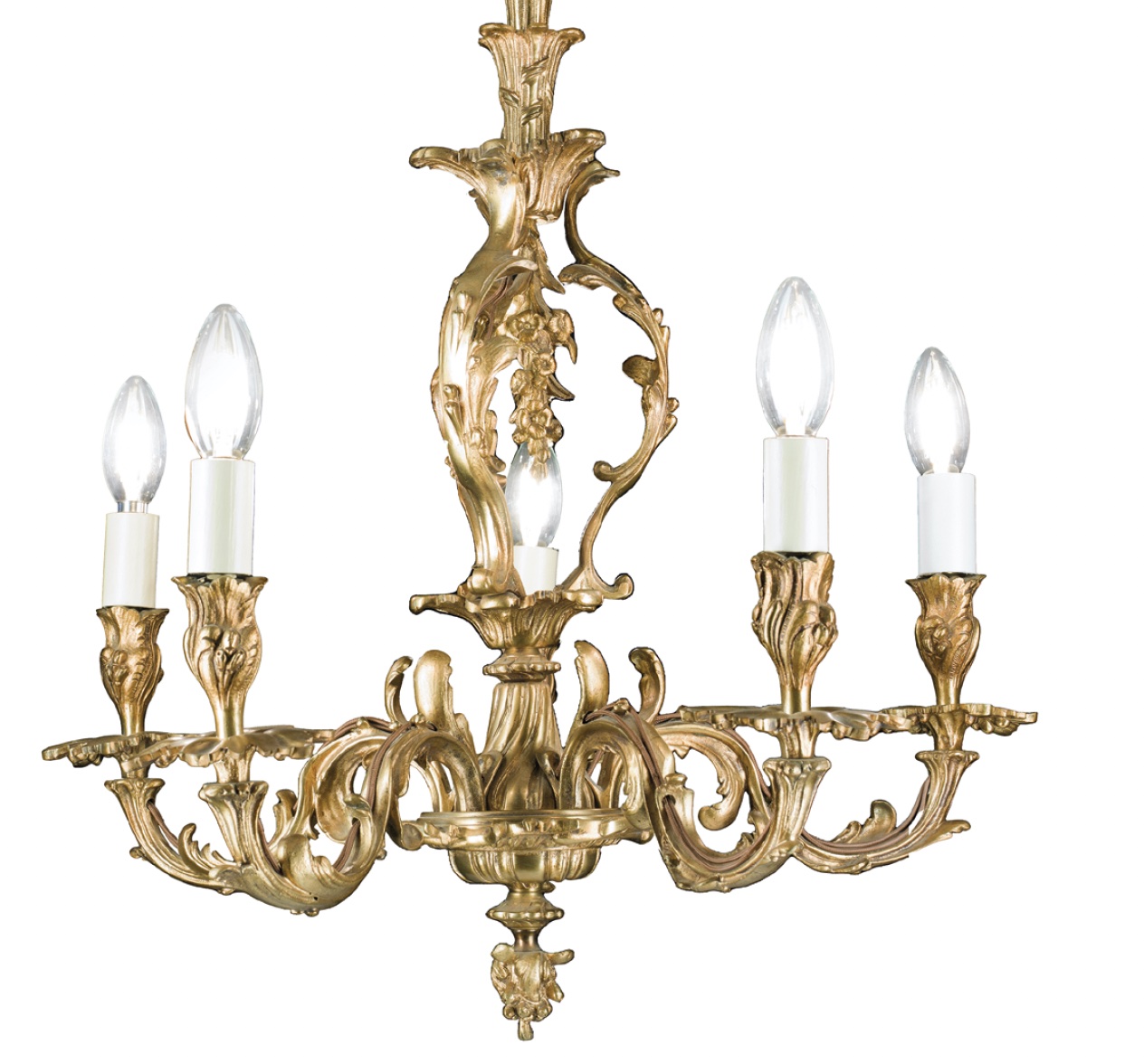 A gilt brass rococo five-branch chandelier modelled with twisting acanthus leaves and flowers, French, c.1890