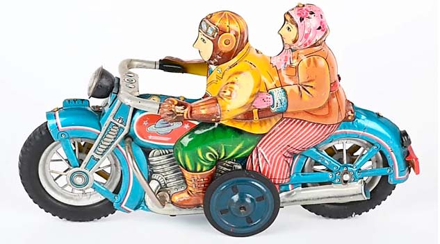 Japanese Tin Friction Toy Motorcycle Romances Bidders At Milestone Auction