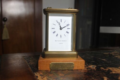 Elegant Vintage Matthew Norman Brass Carriage Clock with Double Key and Stand
