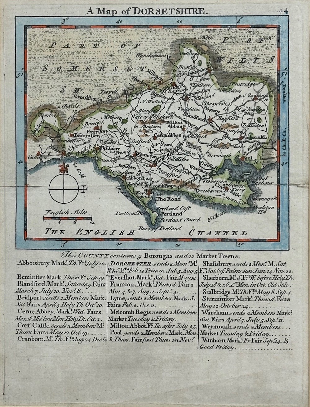 18th-century Coloured Map of Dorsetshire