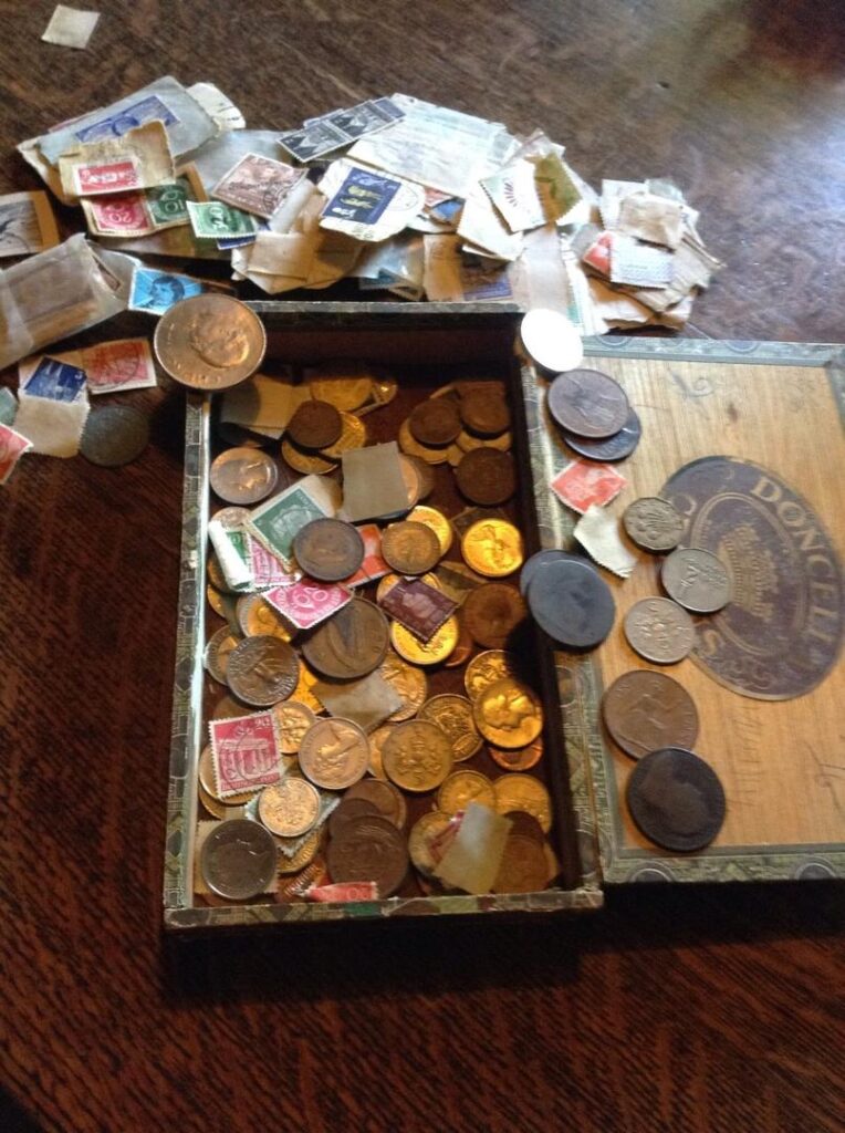 COIN AND STAMP COLLECTION IN CIGAR BOX