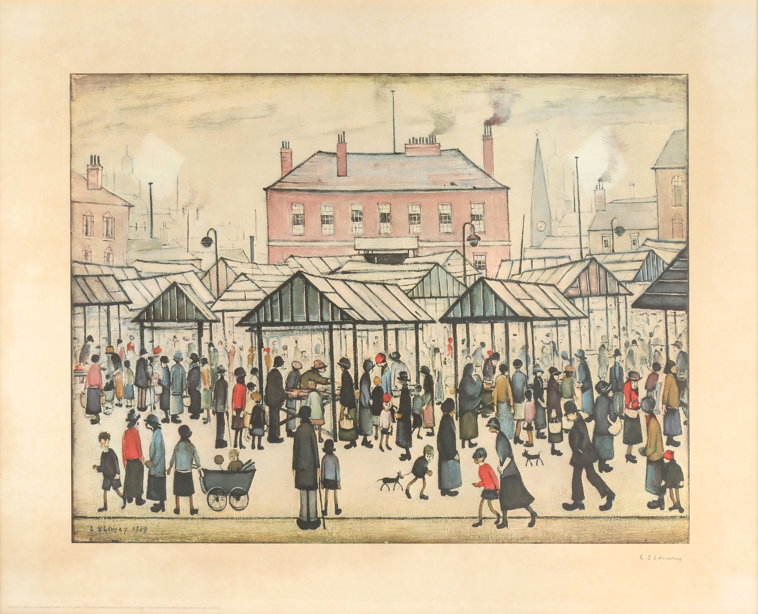 A print of 'Market Scene in a Northern Town' by LS Lowry