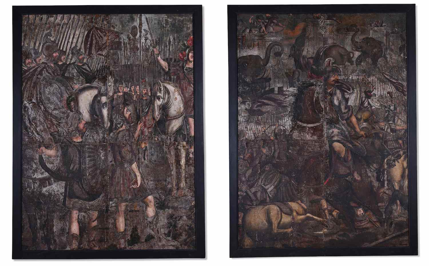 A pair of 18th / early 19th century leather panels depicting the Battle of Cannae
