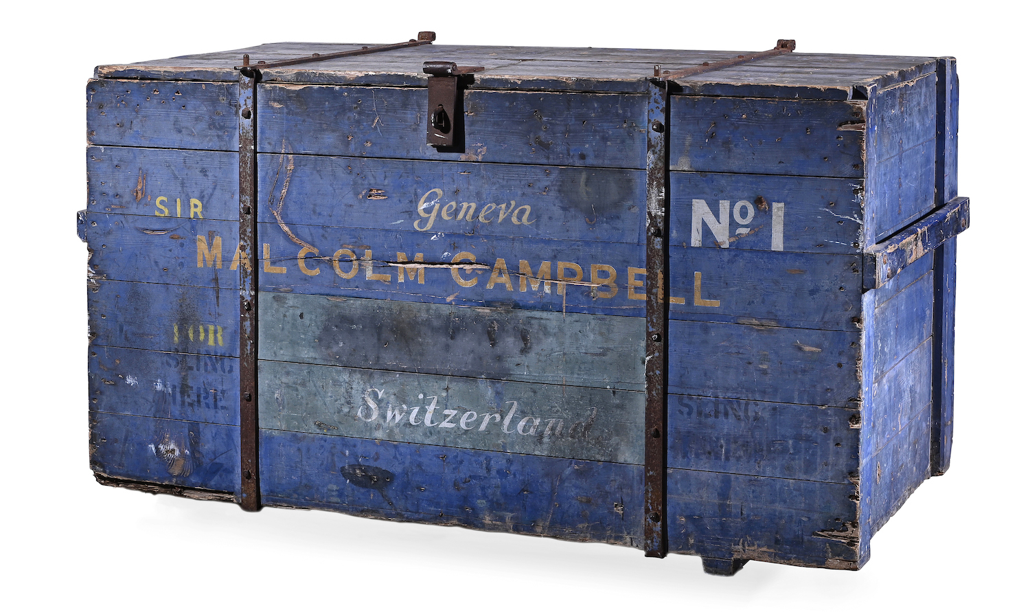 A large painted wood and iron bound engineer’s chest for the famous Bluebird car series, owned by Sir Malcolm Campbell (1885-1948)