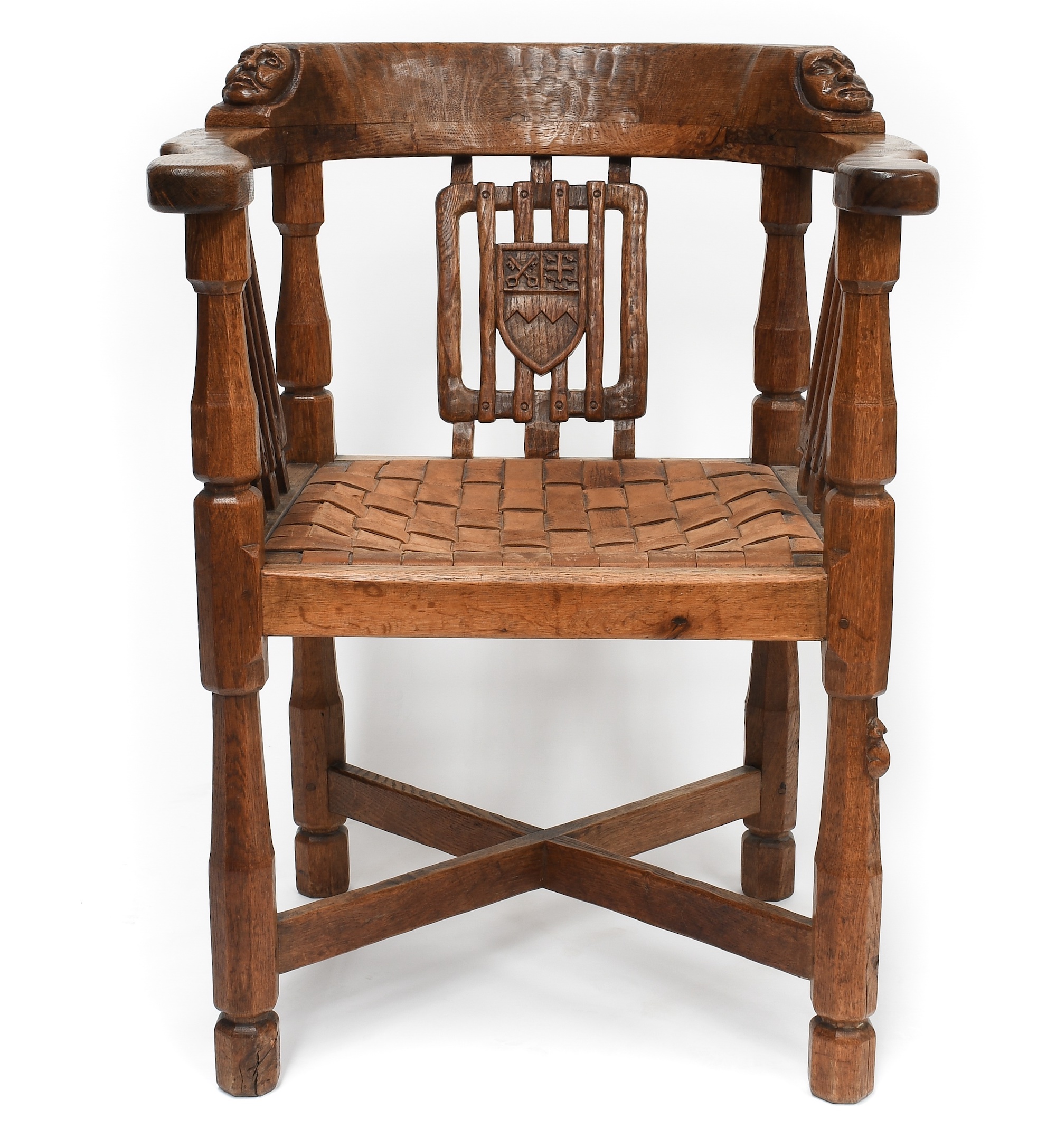 A Robert ‘Mouseman’ Thompson English Oak Monk’s Chair, with Coat of Arms for Ampleforth Abbey
