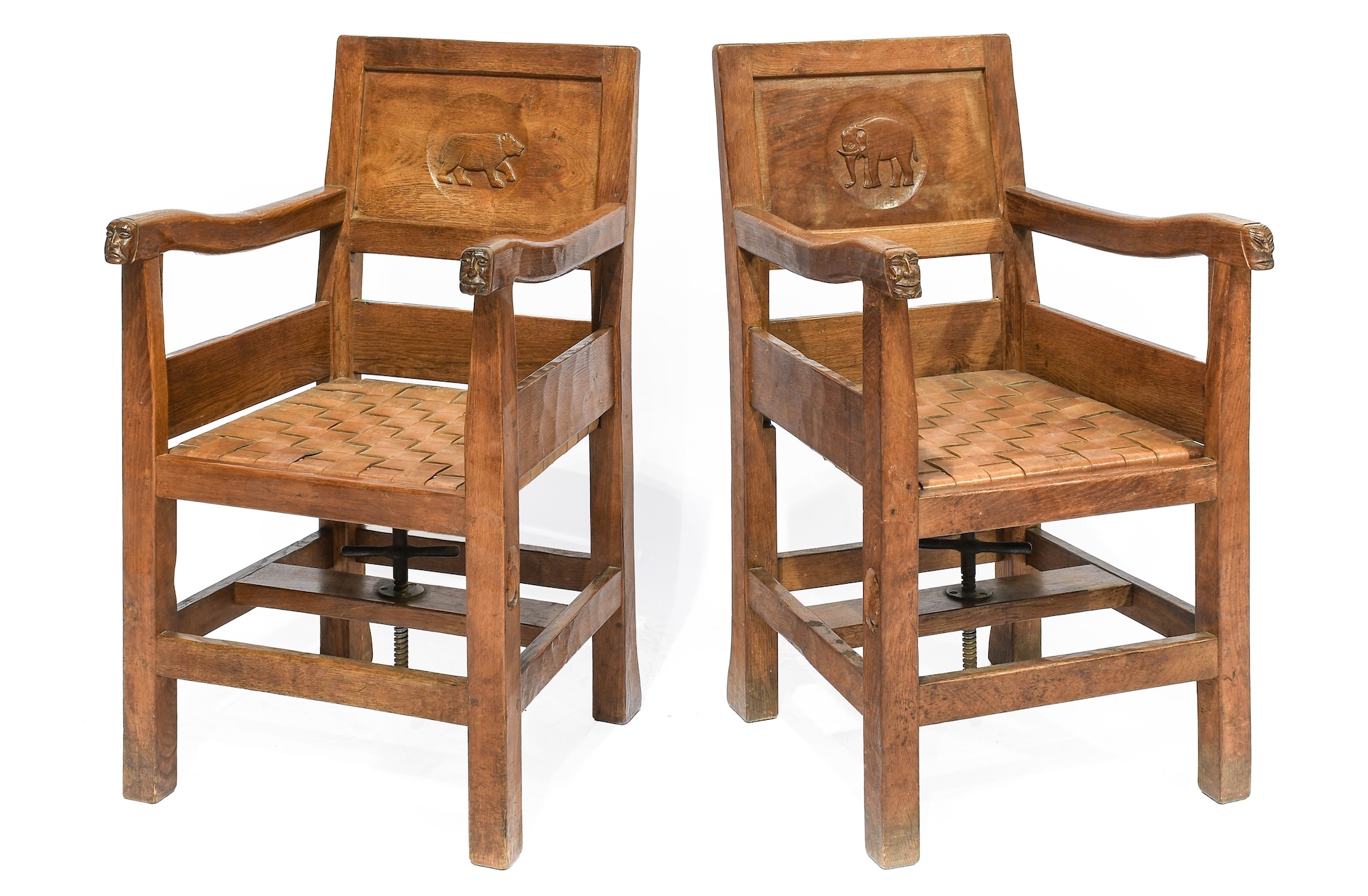 Two Robert ‘Mouseman’ Thompson English Oak Panel Back High/Adjustable Childrens Chairs
