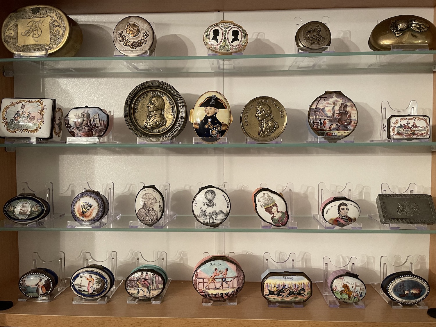 Part of Simeon’s collection of snuff, patch and pill boxes