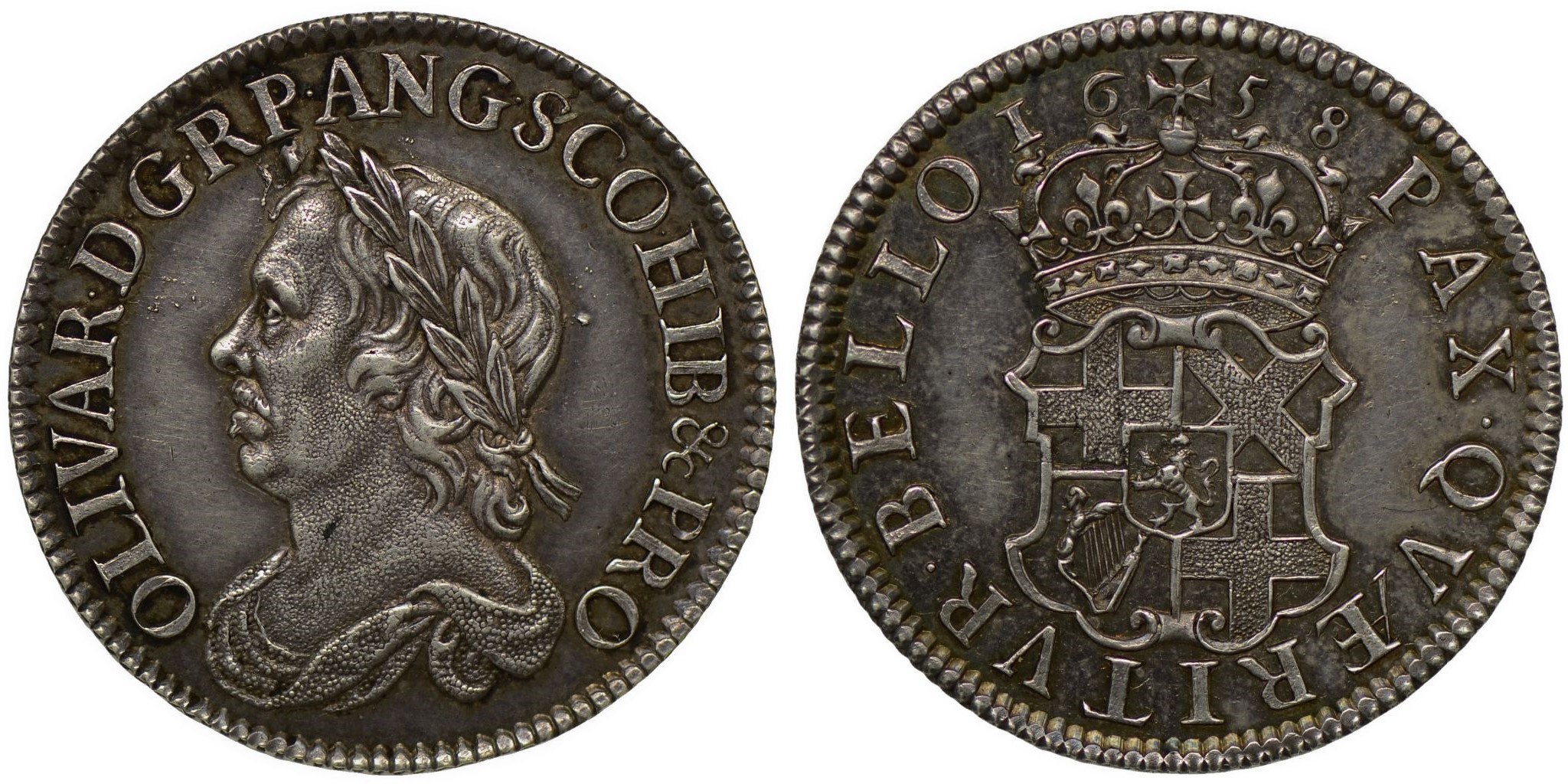 A silver shilling struck in 1658 bearing the portrait of Oliver Cromwell