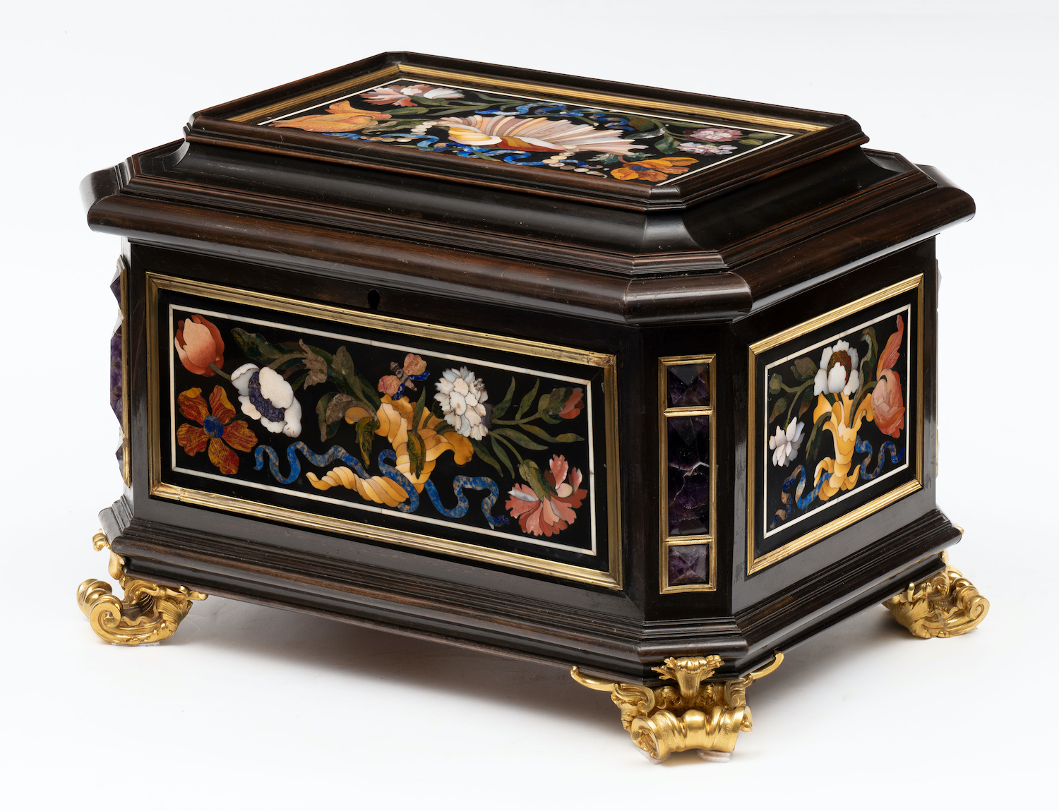 An Italian gilt-bronze and amethyst mounted pietre dure and ebony casket from the Grand Ducal Workshops
