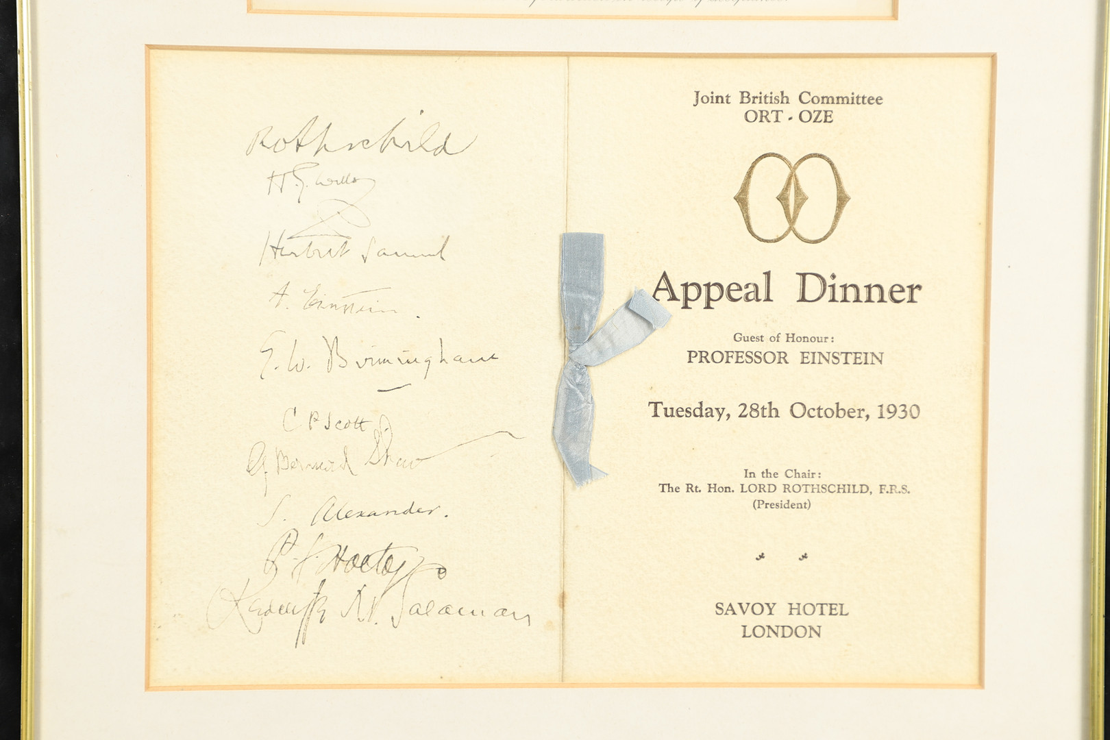 A charity dinner menu signed by Albert Einstein