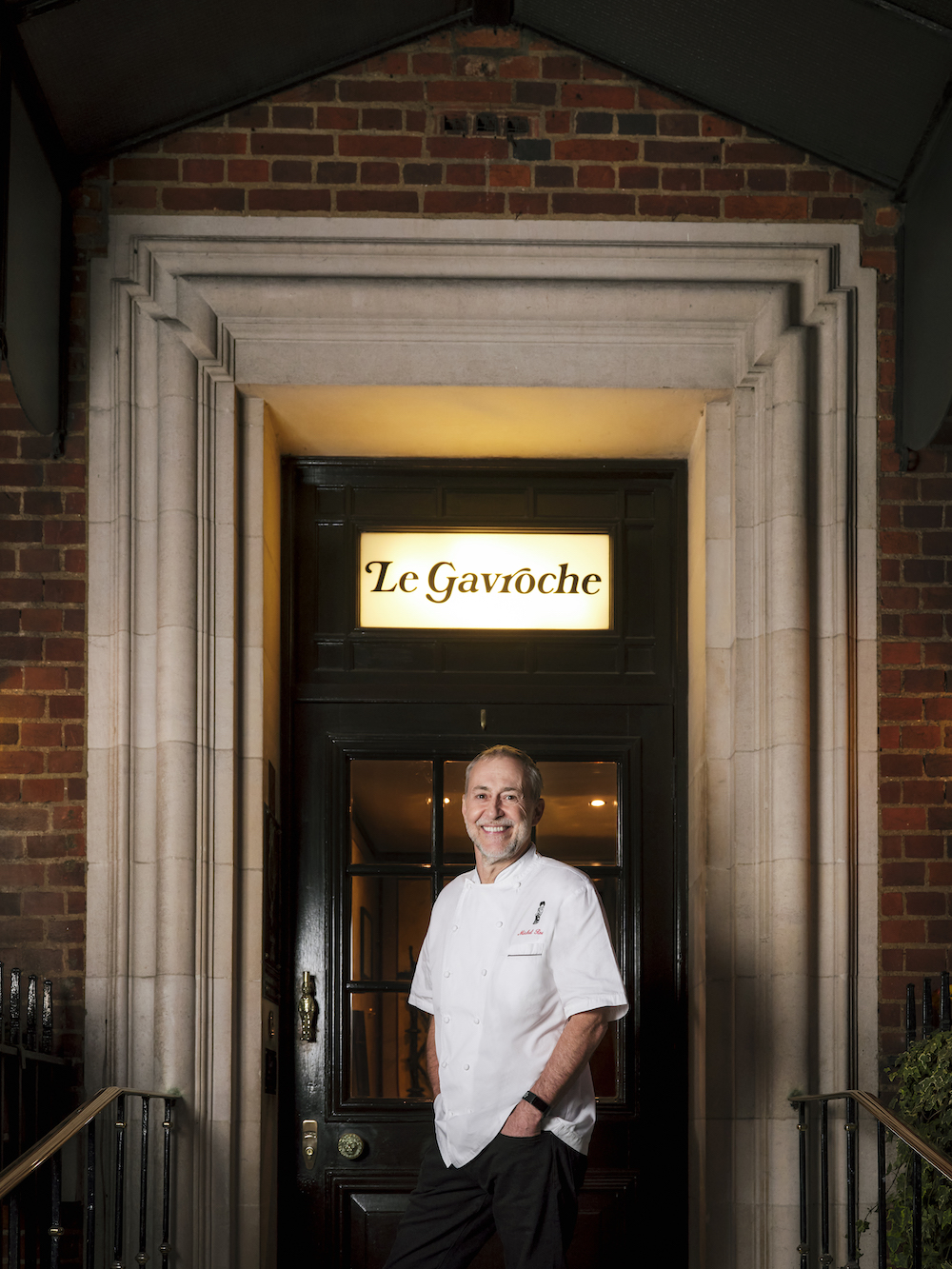 Michel Roux Jr. in the doorway of Le Gavroche restaurant in London