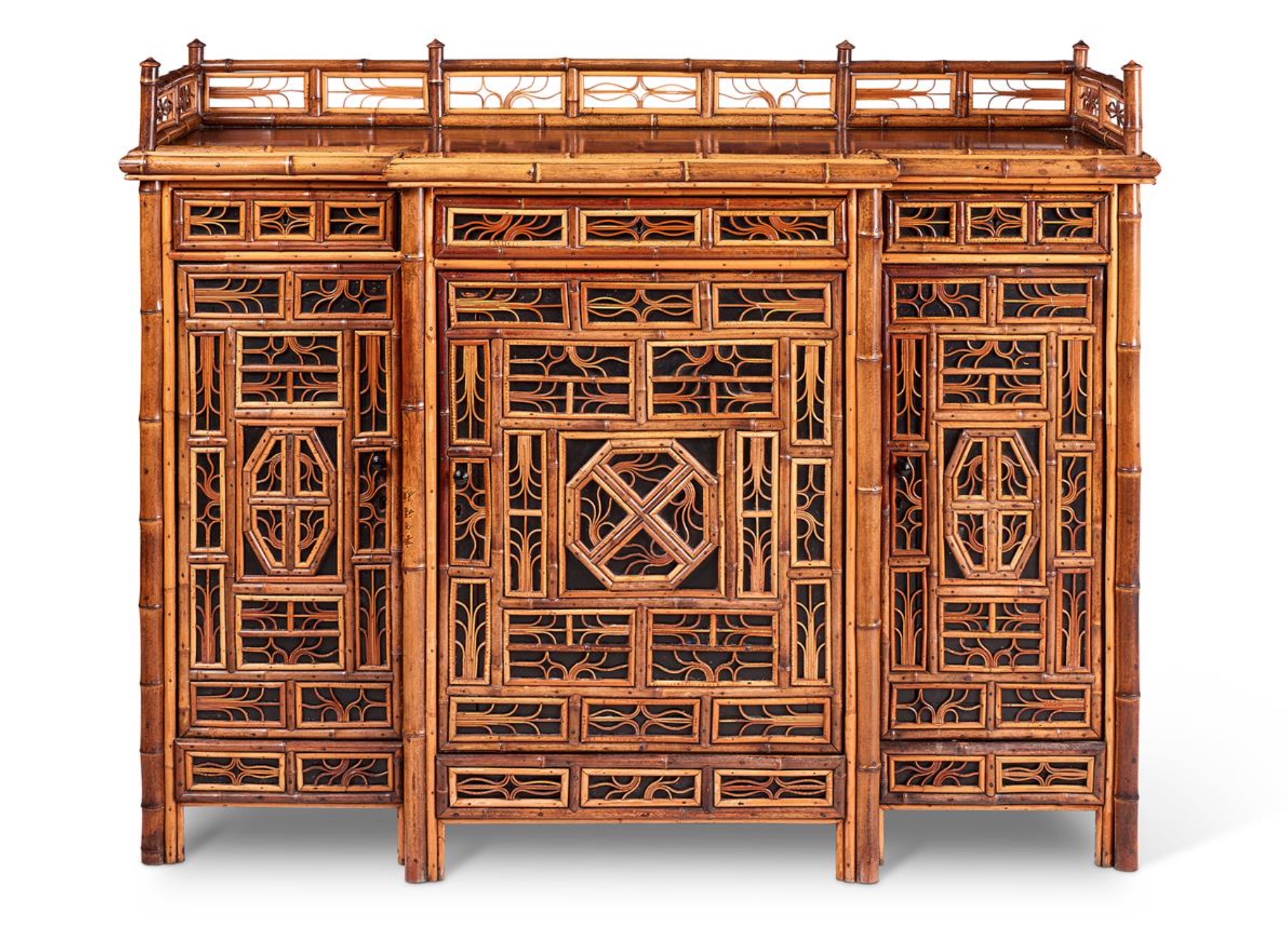 Bamboo, rattan, walnut and part ebonised 'Chinoiserie' breakfront side cabinet