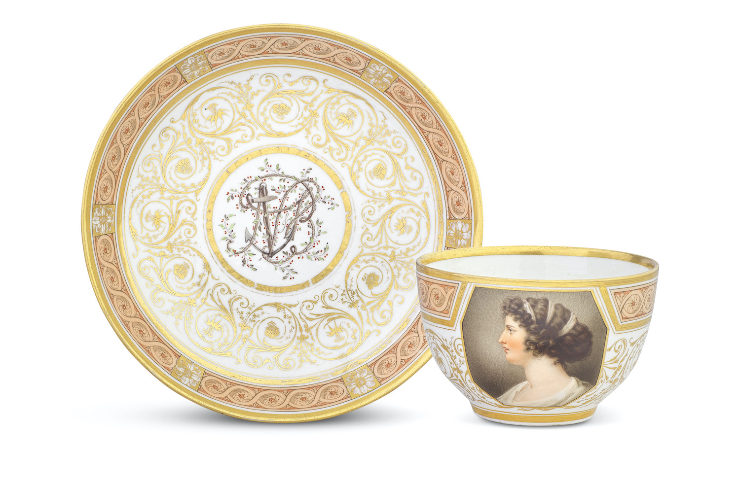 A Coalport cup and saucer by Thomas Baxter, dated 1804