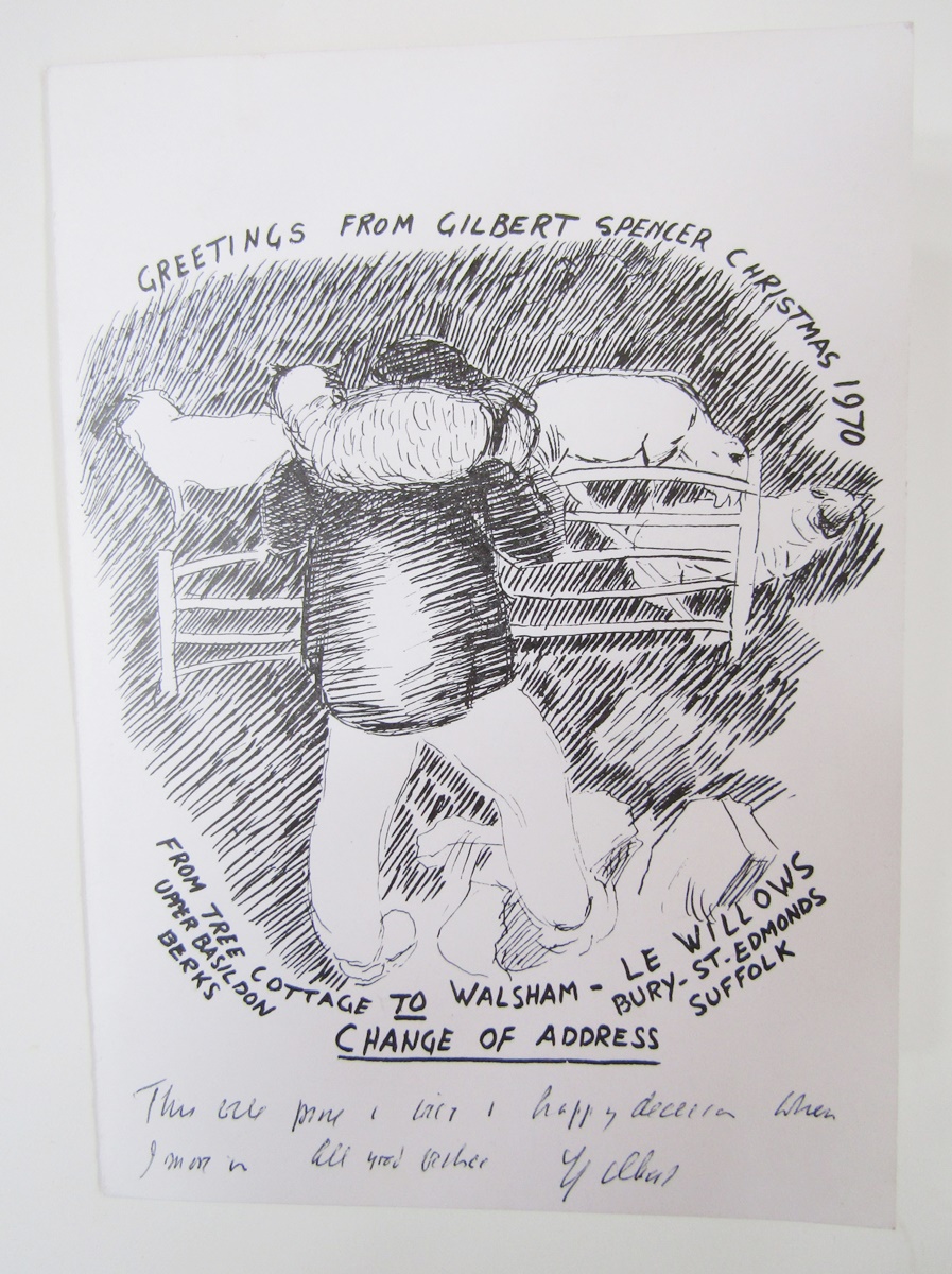 A drawing by the artist Gilbert Spencer of a farmer and some sheep