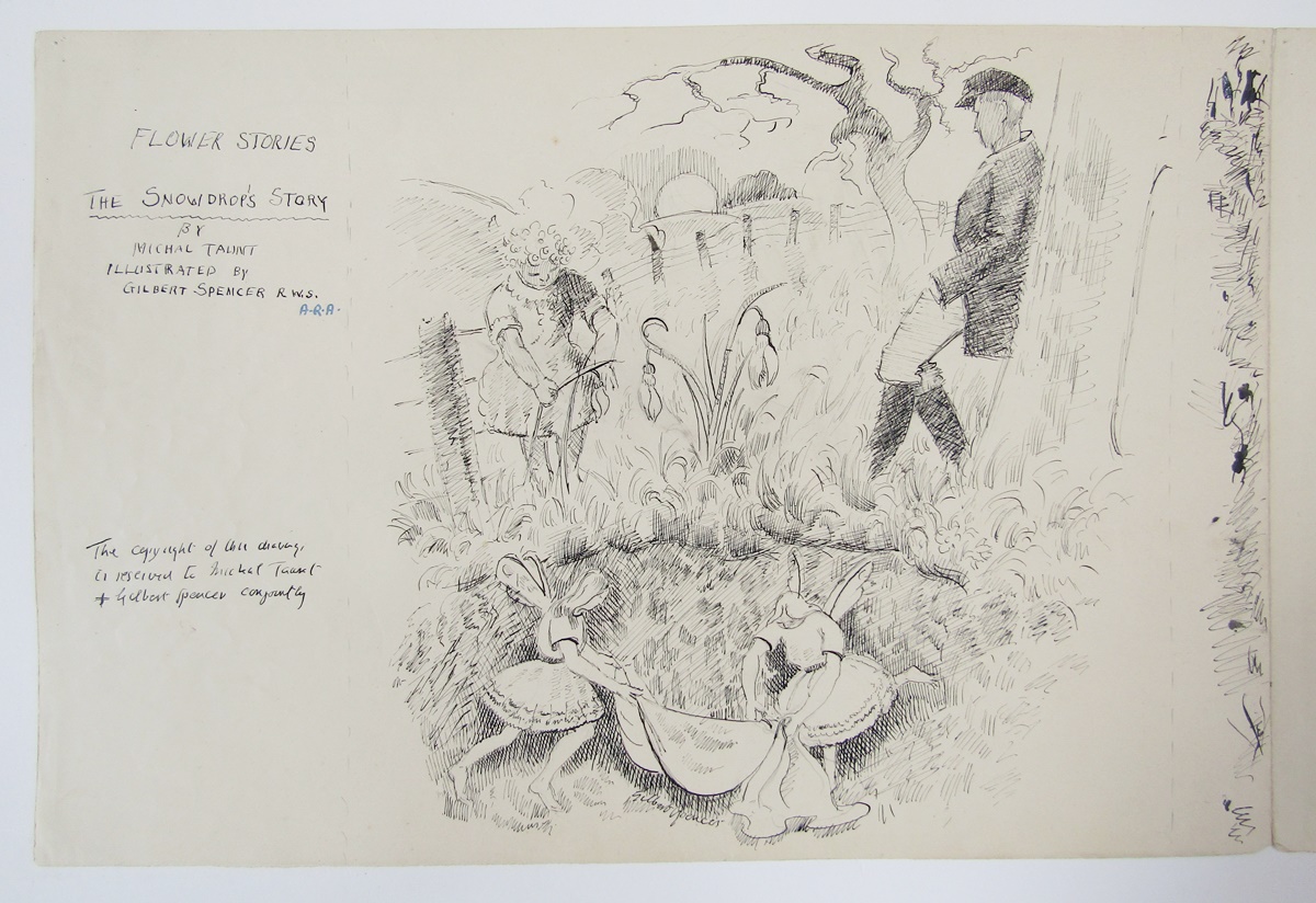 A drawing by the artist Gilbert Spencer of a little girl, a man and some fairies near a pond