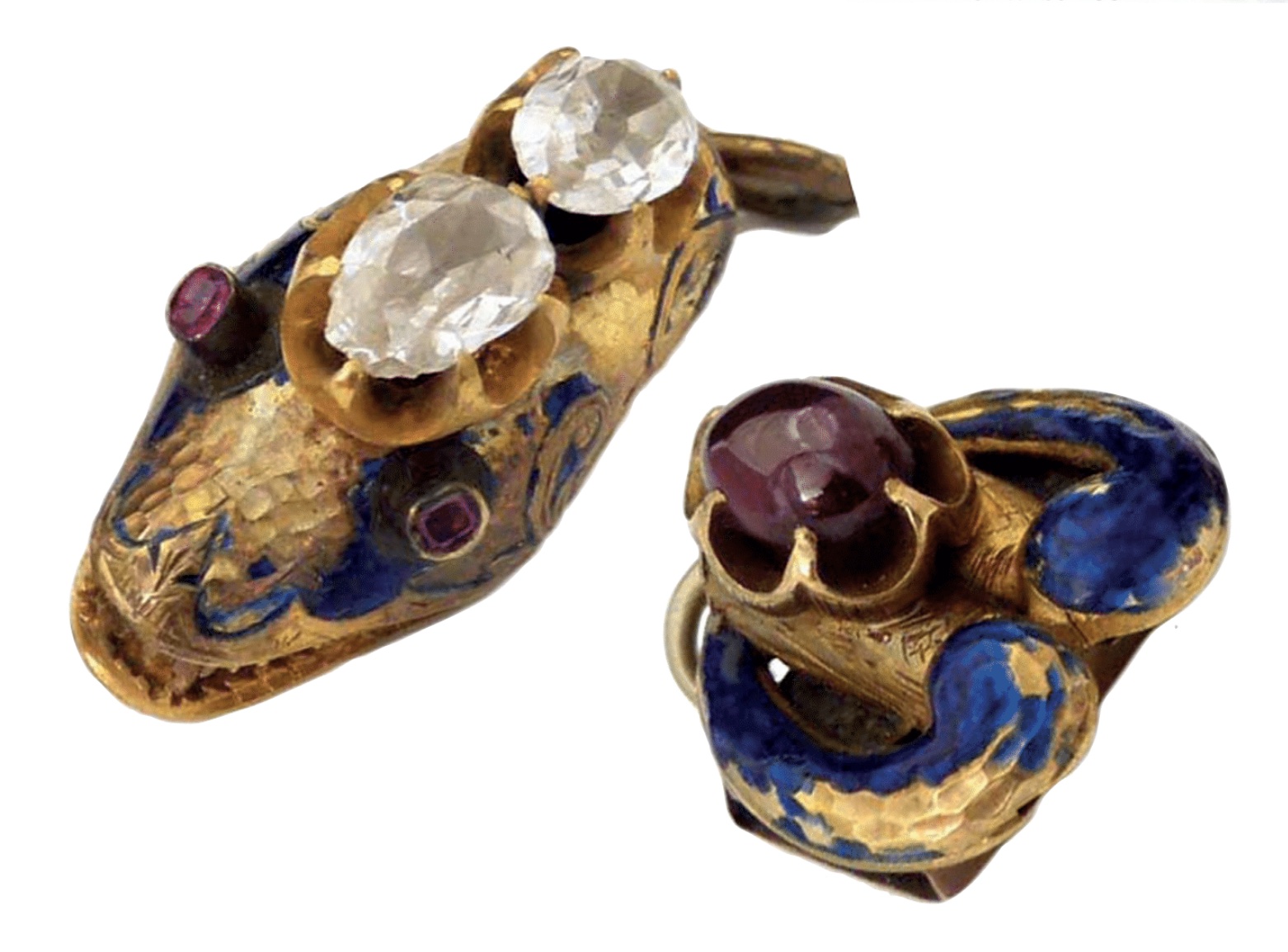 Diamond, ruby and enamel snake jewellery components, later mounted as fobs