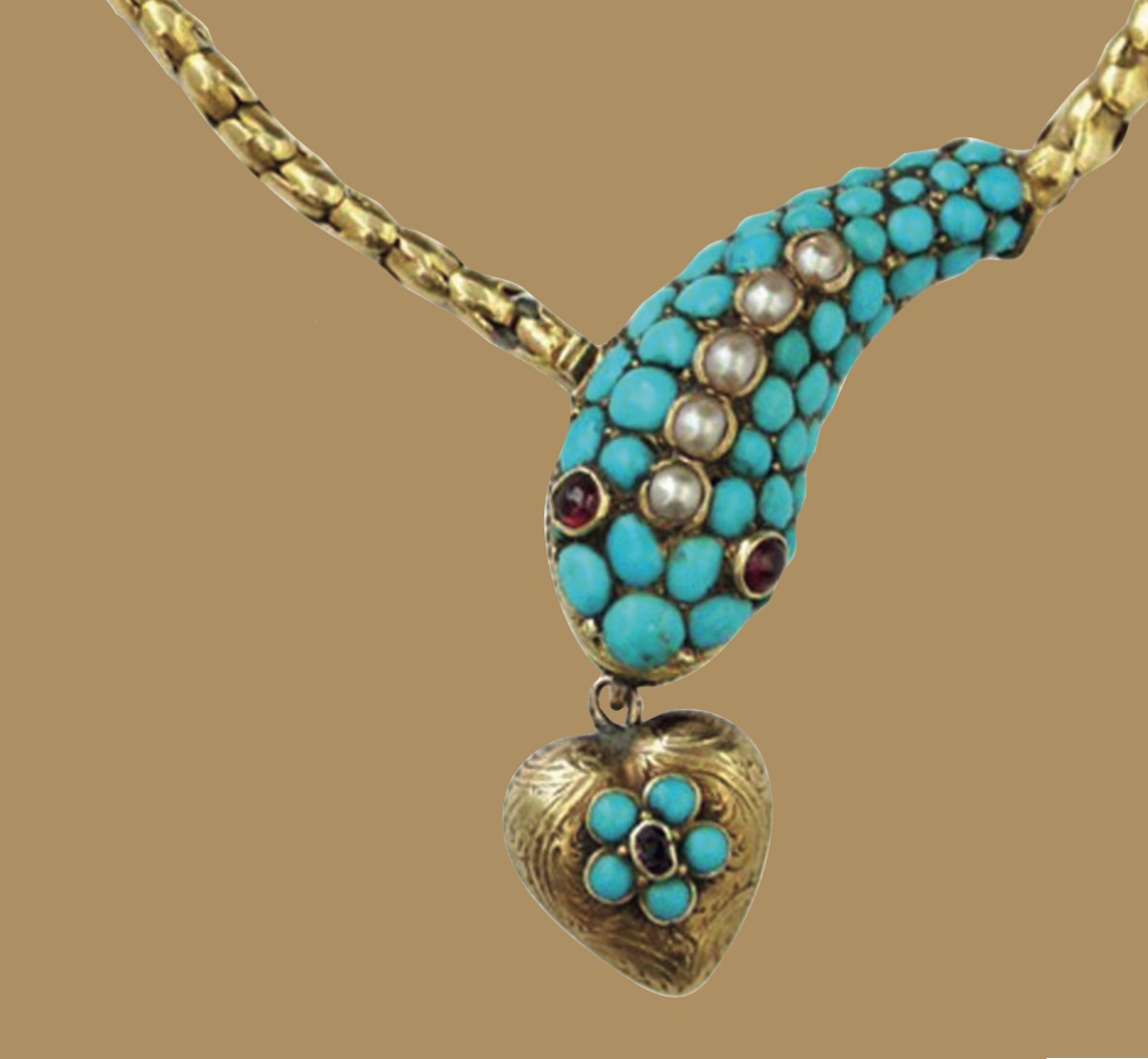 A Victorian turquoise, split pearl and garnet snake necklace