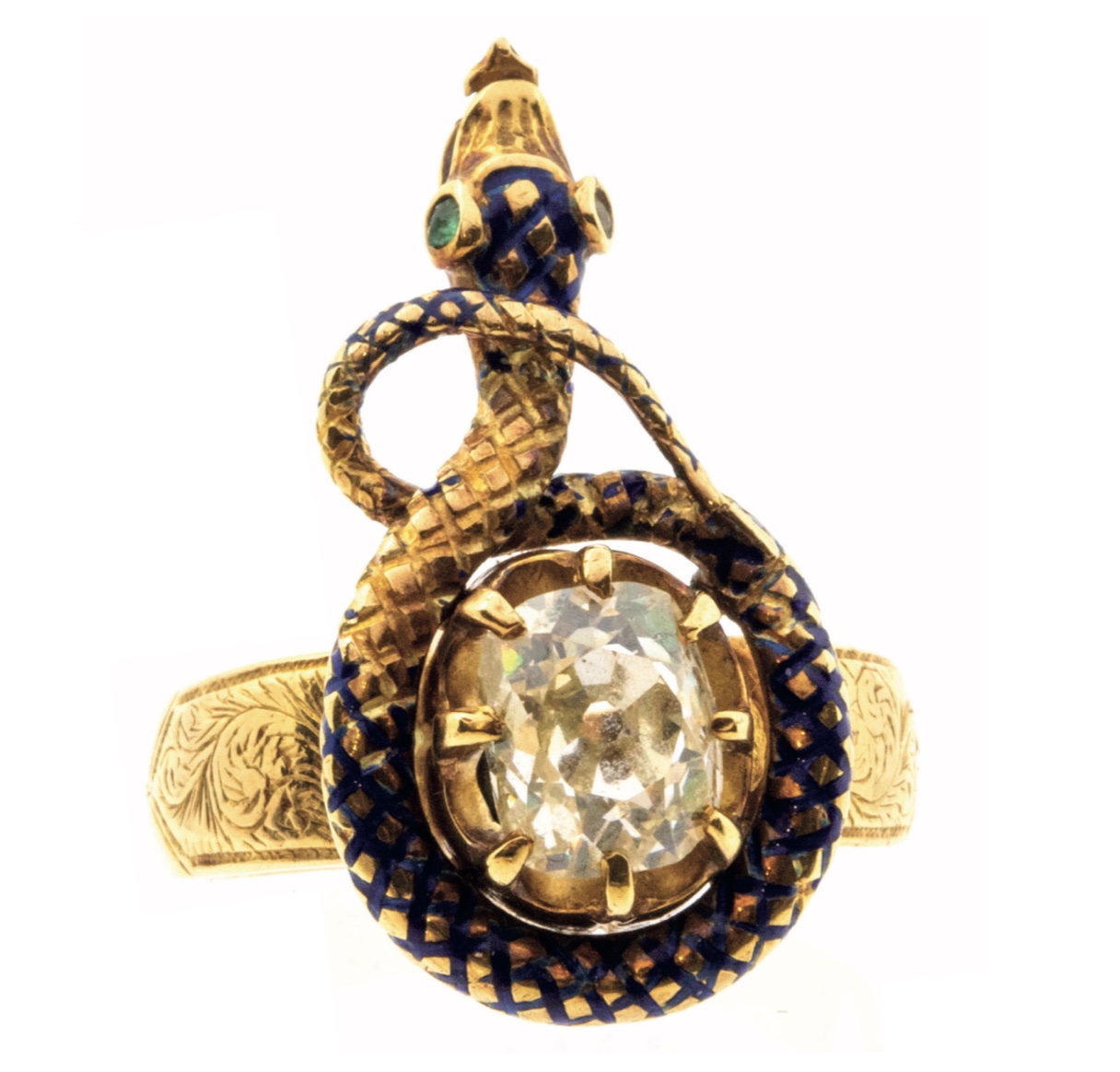 A Victorian enamel and diamond 18ct gold serpent ring