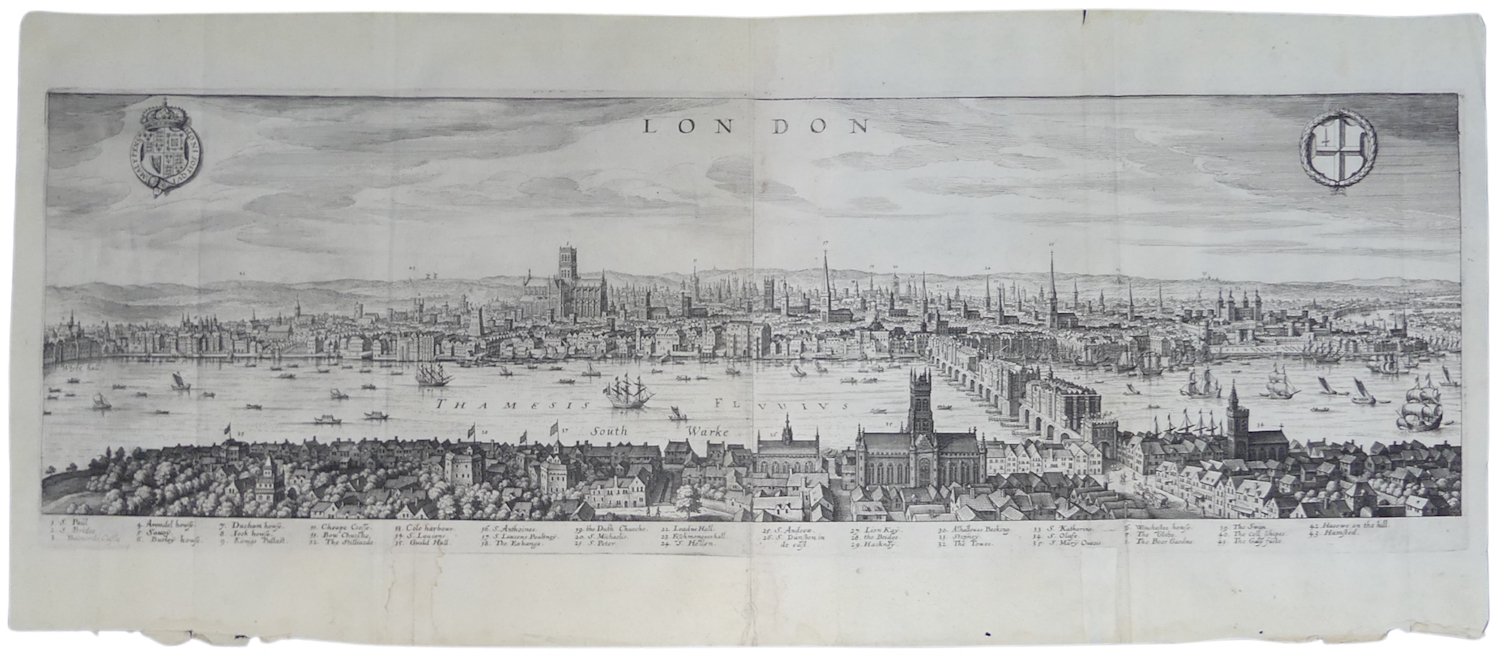 An antique map featuring a panorama of London