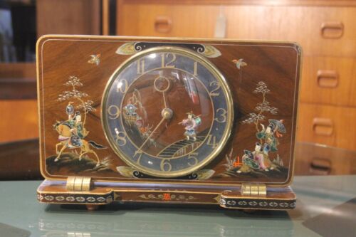 1930s Vintage Smiths 8 Day Chinoiserie Mantel Clock with hand-painted scenes