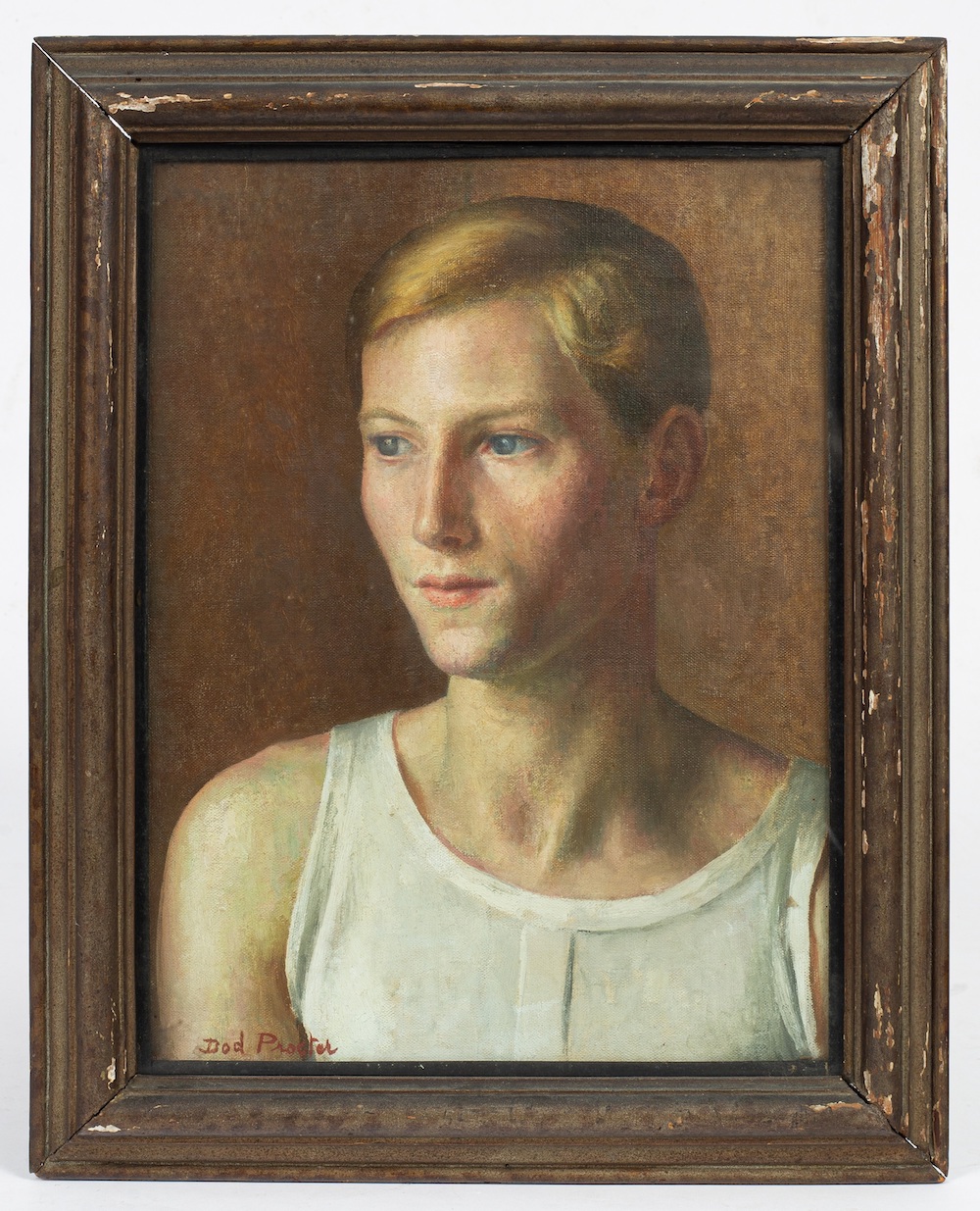 A painting of a male sitter by Dod Procter