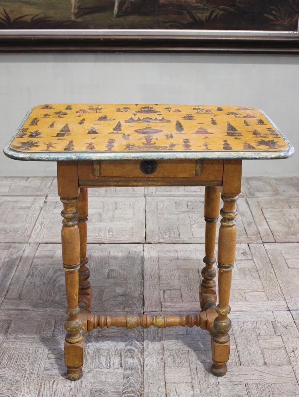 An antique An early 18th century lacca povera and painted one drawer lamp table