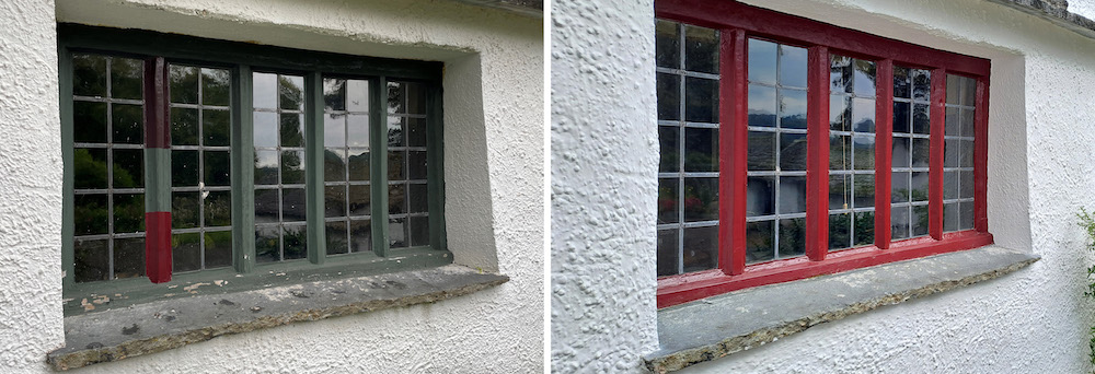 Before and after - the windows at Townend before in very dark green and afterwards in a bright dark red