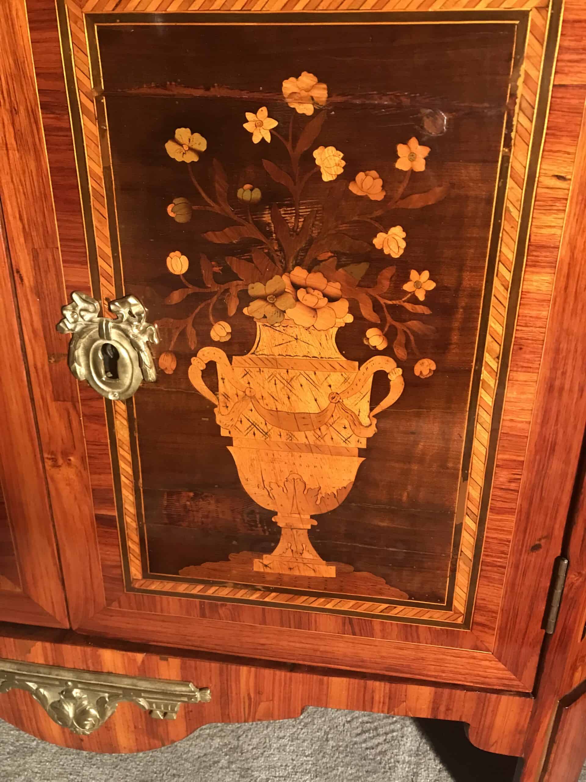 French Secretary Desk 18th century- detail view of the marquetry on one door- Styylish